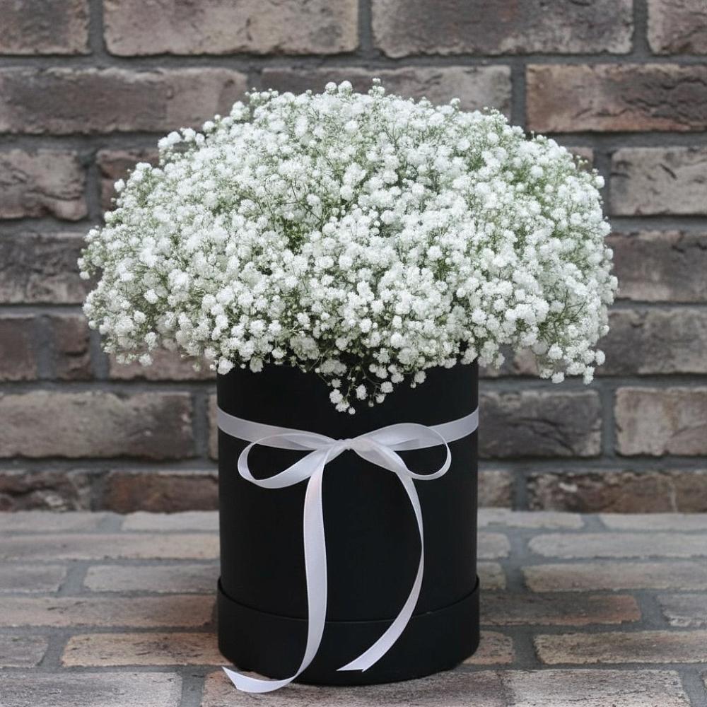 Цветочная композиция из Гипсофила в шляпной коробке в Первомайском Тамбовской области